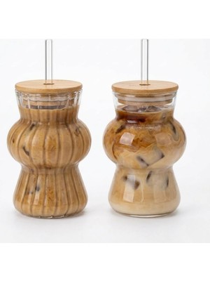 Meks Ikili Cam Soğuk Kahve Bardağı 2’li Set – Bambu Kapaklı ve Cam Pipetli, 350 ml Estetik Tasarım, Iced