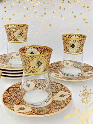 Meks Heybeli Altın Bordo Desenli Cam Porselen Çay Seti 6 Kişilik Tea Set For 6 Persons Premium Porcelain