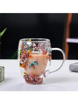 Meks 350 ml Isıya Dayanıklı Borosilikat Çift Çidarlı Flower Cup Bardak Çiçekli Kahve Sunum Bardağı