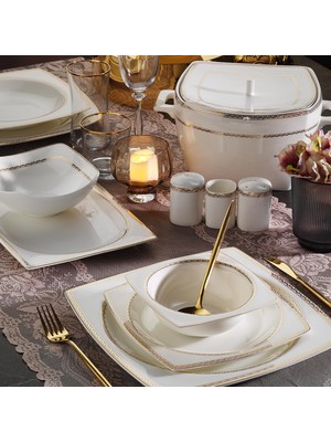 Meks Aryıldız Bone Square Line Gold 12 Kişilik 60 Parça Yemek Takımı