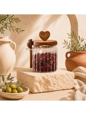 Meks 460 ml Kalp Kulplu Kaşıklı Cam Kavanoz Akasya Ahşap Kapaklı Baharat Çay Kuruyemiş Saklama Kabı