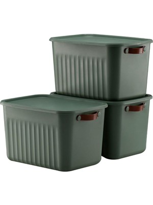 Meks 3 Adet Modern Kapaklı Saklama Kutusu Seti -15 Litre – Yeşil- Taşınabilir Kulplu, Dolap Içi Düzenley