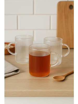 Meks 3 Adet Çizgili Kulplu Isıya Dayanıklı Borosilikat Cam Kahve Çay Bardak - 200 ml Cam Çay Bardağı