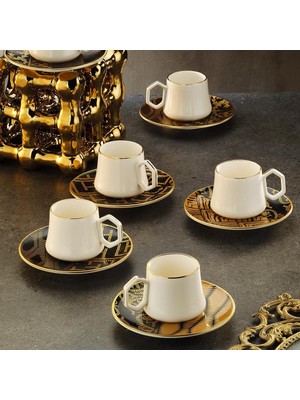Meks Sandro Moreno 1453 Kariye Double Geometrik Gold 12 Parça 6 Kişilik Kahve Fincan Takımı 120 ml