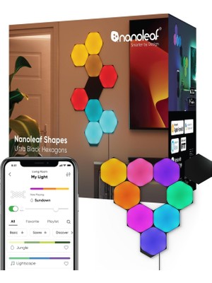 Meks Nanoleaf Shapes Ultra Black Altıgen Başlangıç ​​kiti, 9 Akıllı Rgbw LED Paneli – 16 Milyon Renk, Mo