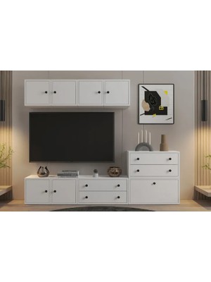 Vivense Leron Modüler Tv Ünitesi 4 Kapaklı Üst Blok + Alçak Dolap & Çekmeceler (Tv Ünitesi