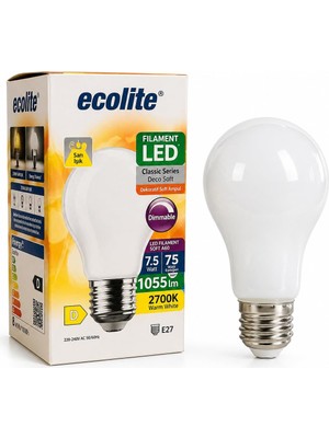 Meks Ecolite 7.5W LED Filament Soft Ampul Dimmer Uyumlu 75W Eşdeğer 1055 Lümen E27 Duy 2700K Sarı Işık D