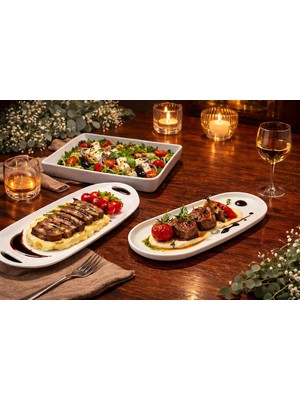 Meks Beyaz Sunum Tabağı Seti 6'lı Servis Tabağı Restoran Servis Tabak Seti, 6 Parça, 2 Oval 2 Tavuk Taba