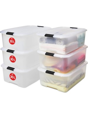 Meks Iris Ohyama Kapaklı Plastik Saklama Kutuları, 30L, 6'lı Set, Şeffaf