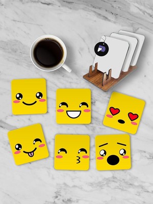 Meks Postermanya (PSTER21282) Emoji Yüzler Standlı Ahşap Bardak Altlığı Seti, 6 Adet Baskılı Bardak Finc
