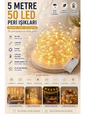 Meks 5 Metre Gün Işığı Peri LED Tel 3 Pilli Fonksiyonlu Süsleme Ince Telli Aydınlatmalı Şerit LED Yılbaş
