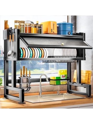 Meks Valkyrie Evye Üstü Bulaşık Kurutmalık 105X30X80 cm Çok Amaçlı Mutfak Organizer Raf Siyah