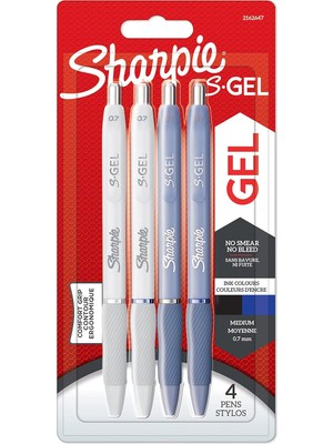 Meks Sharpie S-Gel Jel Kalem 0.7 mm Uç, Buz Mavisi & Beyaz Inci 4'lü Paket, Siyah & Mavi Mürekkep