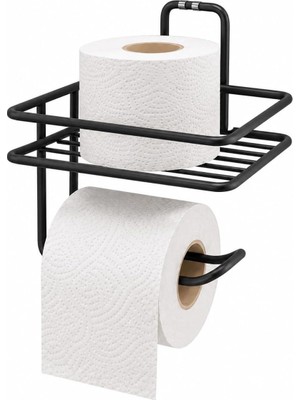 Meks Alper Banyo Yapışkanlı Siyah Raflı Tuvalet Kağıtlığı, Delmeden Montaj Duvar Tipi Tuvalet Kağıdı Tut