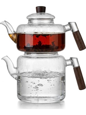 Meks Deconox Akasya Cam Çaydanlık Takımı 1800 ml + 950 ml - Ahşap Kulplu Isıya Dayanıklı Borosilikat Şef