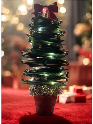 Meks Işıklı El Yapımı Noel Ağacı, Yeşil Keçe, Renkli Boncuklu, Kırmızı Fiyonklu, Mini Boy, Masaüstü Deko