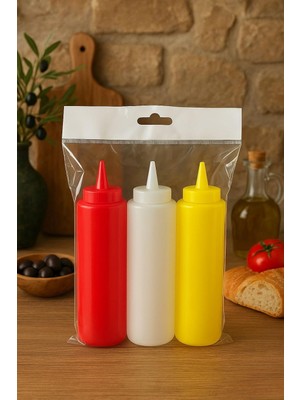 Meks Sızdırmaz Kapaklı Yağlık ve Sosluk Seti, 330 Ml, 3'lü Şişe Seti, Kırmızı Sarı Beyaz