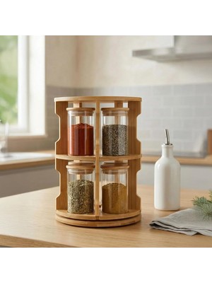 Meks Deconox Doğal Bambu 360° Döner Standlı 10'lu Cam Baharatlık Seti - Büyük Boy (250 Ml) Ahşap Kapaklı