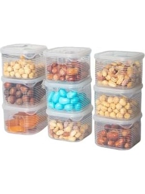 Meks Erzak Saklama Kabı Sızdırmaz Kapak 9'lu Set Şeffaf-(Ölçü Kabı Hediyeli)
