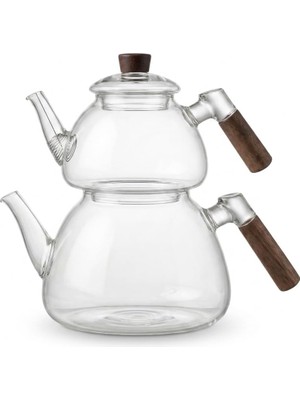 Meks Deconox 1800 ml + 550 ml Akasya Cam Çaydanlık Takımı - Ahşap Kulplu, Isıya Dayanıklı Borosilikat Şe