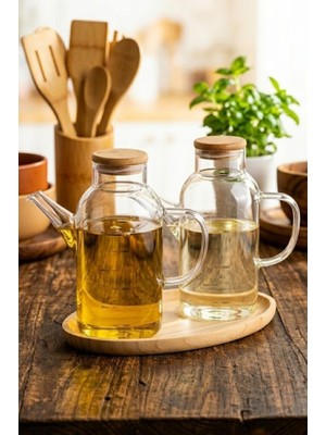 Meks 2'li Isıya Dayanıklı Borosilikat Cam 500 ml Mantar Tıpa Yağlık Sirkelik