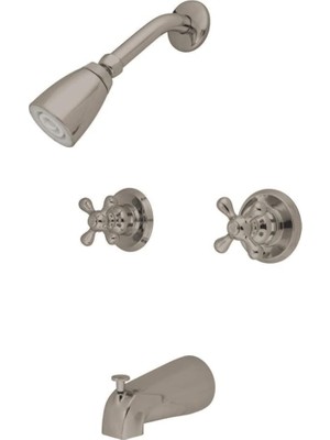 Meks Kingston Brass KB248AX Çift Saplı Küvet ve Duş Bataryası Dekorlu Çapraz Kulp, Saten Nikel, 12,5 cm