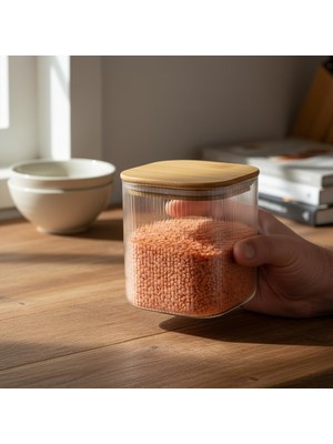 Meks Deconox Bambu Kapaklı Kare Cam Saklama Kavanozu (10X10 Cm) - Vakum Kapaklı Şeffaf Erzak Kabı ve Mut