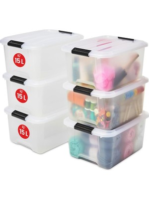Meks Iris Ohyama Kapaklı Plastik Saklama Kutuları, 15L, 6'lı Set, Şeffaf