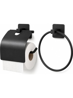 Meks Alper Banyo 2’li Siyah Banyo Aksesuar Seti, Kapaklı Tuvalet Kağıtlığı ve Yuvarlak Havlu Askısı, Hem