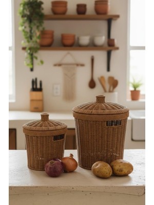 Meks Rattan Konik 2'li Kapaklı Sepet