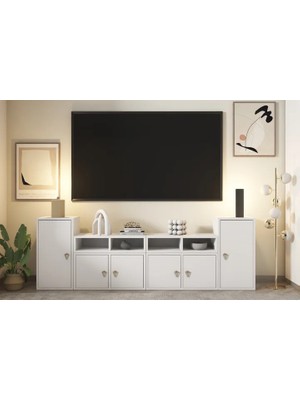 Vivense Leron Modüler 2 Yan Kapaklı Kolon 4 Açık Raflı Üst 4 Kapaklı Tv Ünitesi Tv Ünitesi Beyaz Nrg Tv