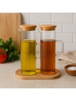 Meks Arvale Lavino 3 Parça 400 ml Borosilikat Yağlık - Bambu Altlık ve 2 Adet Bambu Kapaklı Cam Yağdanlı