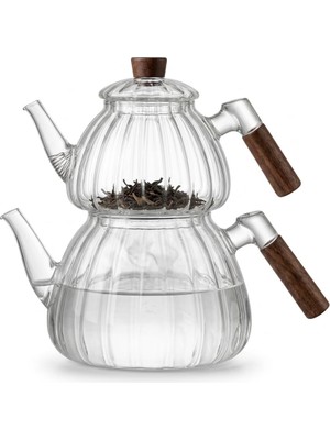 Meks Deconox Akasya Cam Çaydanlık Takımı 1500 ml + 600 ml - Ahşap Kulplu, Çizgili Tasarım Isıya Dayanıkl