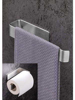 Meks Deltahome Paslanmaz Çelik Havluluk ve Tuvalet Kağıdı Askısı Set Inox Kendinden Yapışkanlı Anında Ko