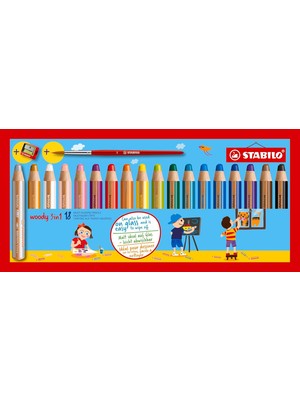 Meks Stabilo Woody 3'ü 1 Arada - Çok Özellikli Kalem - 18'li Paket - Çeşitli Renkler + Kalemtıraş ve Boy
