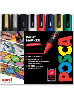 Meks Posca - Pc-5m - Boya Kalemi Sanat Kalemleri - 1,8-2,5mm - 8'li Temel Set Hediye Kutusu