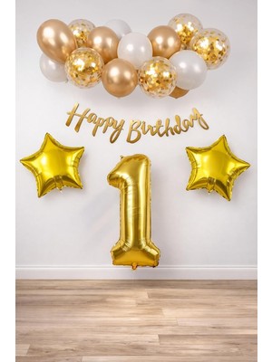 Meks Gold Konsept Doğum Günü Kutlama Seti; Beyaz Gold Konfetili Balon, Rakam Yıldız Folyo ve Banner (1)