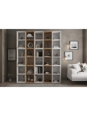 Vivense Zara Ahşap ve Beyaz Kitaplık Çok Bölmeli Geniş Salon Kitap Rafı Nrg Ktp 1147