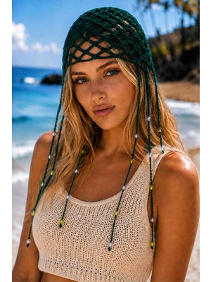 Tom Company-Zümrüt Yeşili-Boncuklu Örgü Bohem Saç Aksesuarı File Yazlık Bere Şapka & Bandana