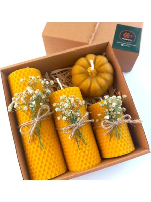 Meks Petekoğlu Balmumu Mum Dekoratif Hediye Kutusu 4 Lü Set Doğal Petek Beeswax Candle Bal Kabağı (Krem