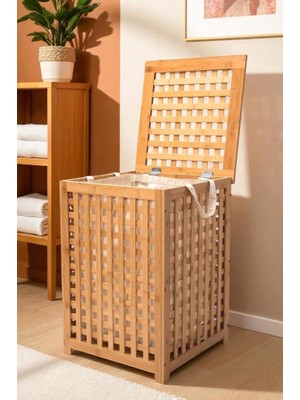 Meks Digithome Bambu Çamaşır Sepeti 58X40 cm Kulplu Taşınabilir Bezli DB-0042