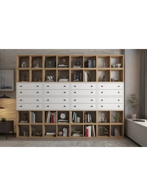 Vivense Zara 16 Çekmeceli Kitaplık Geniş Bölmeli Raf Dolabı Meşe Beyaz Nrg Ktp 1127