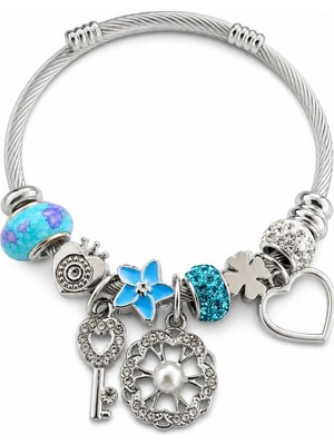Ceyyiz Turkuaz Mavi Charm Detaylı Gümüş Renk Kadın Bileklik – 6 cm Hediye Keseli