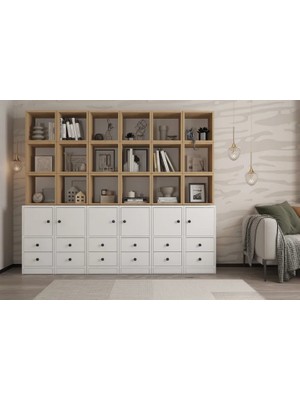 Vivense Zara Ahşap ve Beyaz Kitaplık Çekmeceli ve Kapaklı Salon Konsolu Nrg Ktp 1112