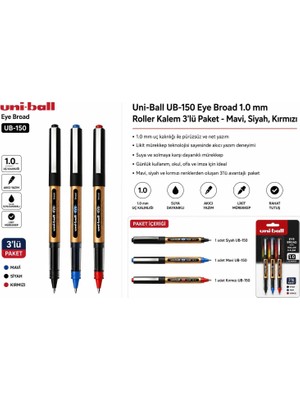Meks Mavi Siyah Kırmızı Pilot Kalem 3 Adet Uniball Eye Broad 1.0 mm Roller Pilot Kalem UB-150-10 Roller