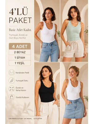 Loule Kadın Pamuklu & Modal V Yaka 4 Adet Kaşkorse Atlet - Toparlayıcı Göğüs Pedli