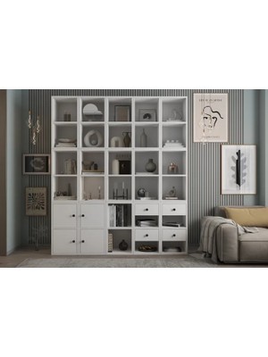 Vivense Zara Geniş Duvar Kitaplığı 5 Sütunlu Minimalist Ahşap Detaylı Kitap Rafı Nrg Ktp 1151