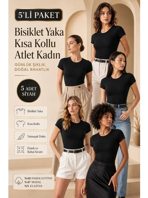 Loule Kadın Bisiklet Yaka Kısa Kollu 5'li Basic Tişört - Pamuklu & Modal Esnek Kumaş
