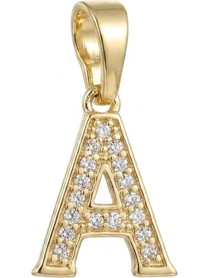 Zeino A Harfi Zirkon Taşlı Minimal Kolye Ucu  - 14K Altın Kaplama - 9 x 18 mm