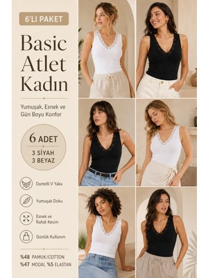 Loule Kadın Pamuk & Modal V Yaka Dantel Detaylı 6 Adet Atlet - Esnek ve Yumuşak Doku